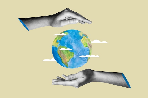 The concept of environmental protection Earth in hands on a beige background Earth Day Collage