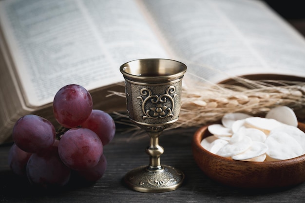 Concept of Eucharist or holy communion of Christianity Eucharist is sacrament instituted by Jesus during last supper with disciples Bread and wine is body and blood of Jesus Christ of Christians