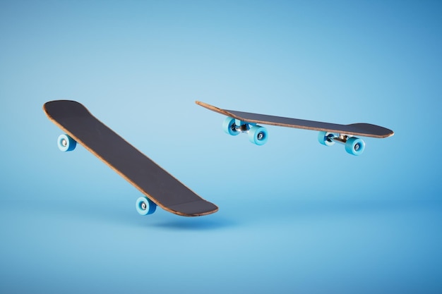 The concept of extreme sports skateboards on a blue background 3D render