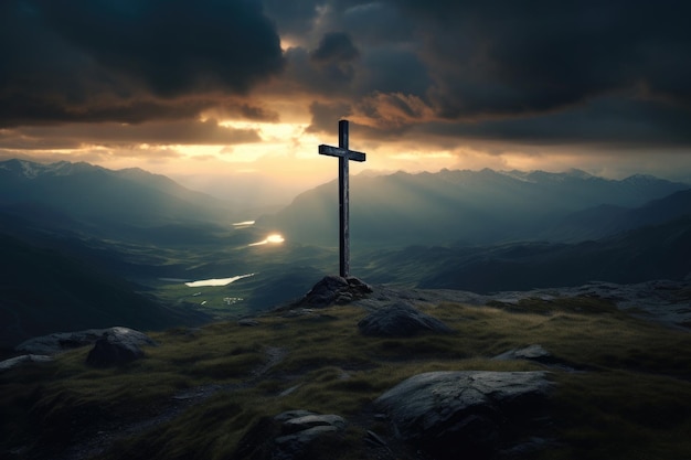 Concept of faith in God Silhouette of a religious cross on hill in clouds Hope for salvation request for help to heaven