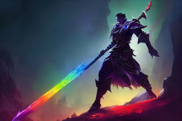 Concept of fantasy warrior with rainbow sword