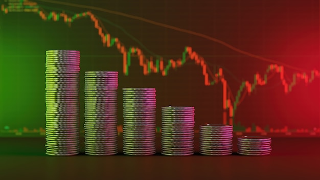 Concept of financial crisis, a gradual decline in coin pile with a blurry graph of investment stocks behind - 3d render.