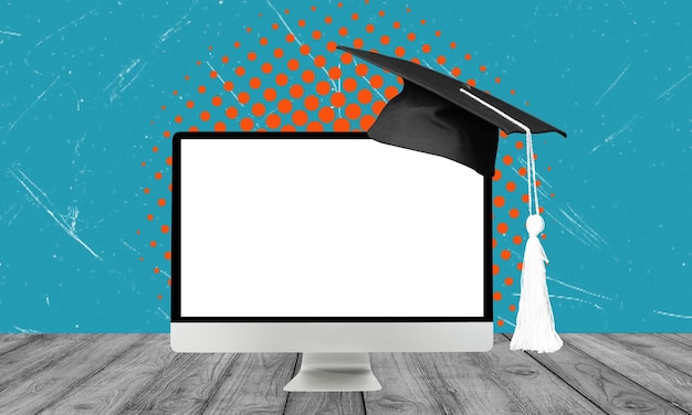 Concept of financial literacy and education Computer monitor and graduation cap