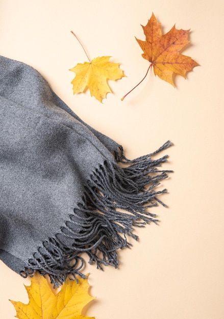 Concept flat lay with autumn maple leaves and a cozy gray scarf on a light orange background Top view