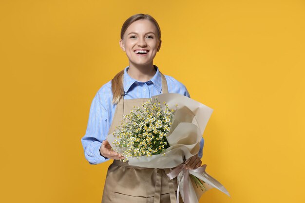 Concept of floral shop delivery and florist with young woman