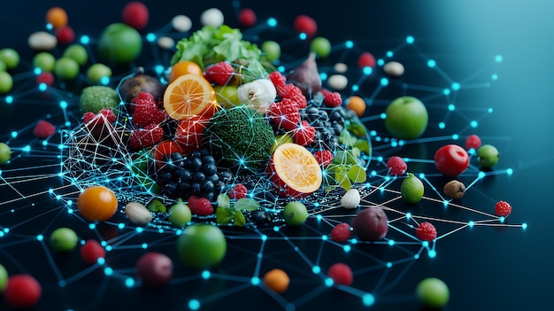 Photo concept of food traceability with a map overlay showing the origin of different food items