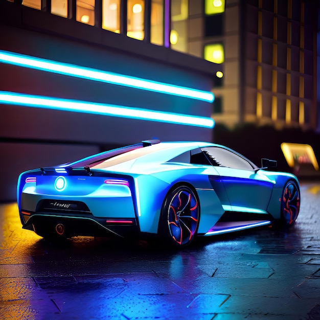 concept of a futuristic car of the future on a night city street modern electric car