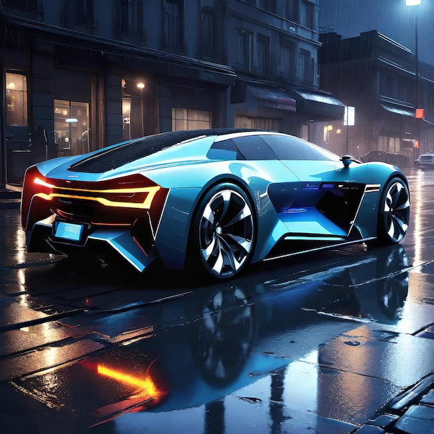 concept of a futuristic car of the future on a night city street modern electric car