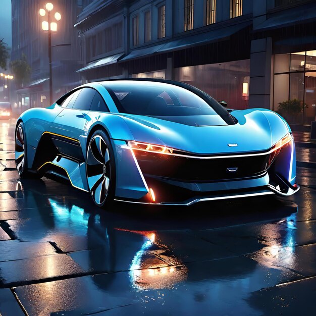 concept of a futuristic car of the future on a night city street modern electric car