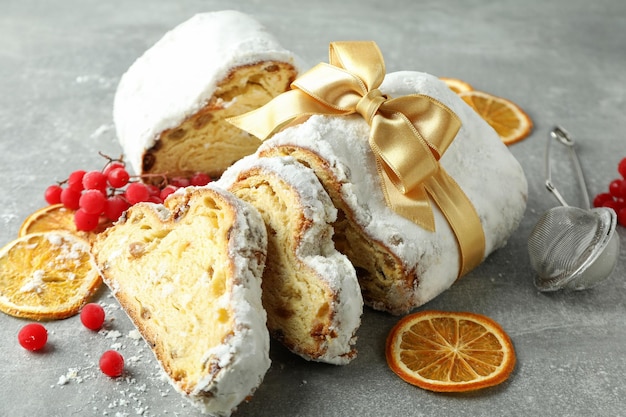 Concept of German dessert Stollen close up