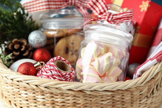 Concept of gift with Christmas basket, close up