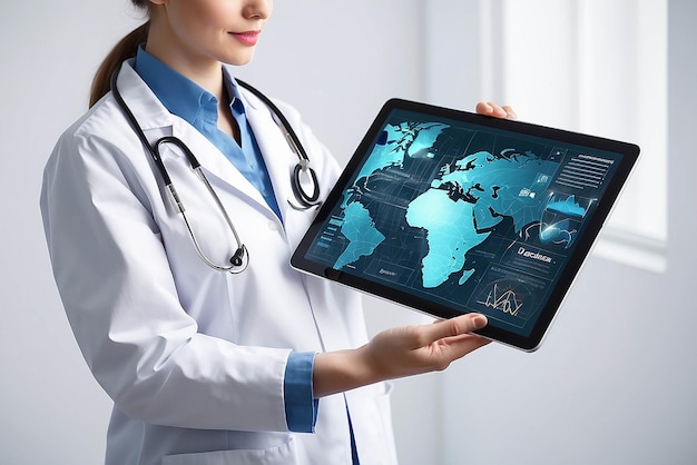 Concept of global medicine and healthcare Doctor holds digital tablet Diagnostics and modern technology in hospital