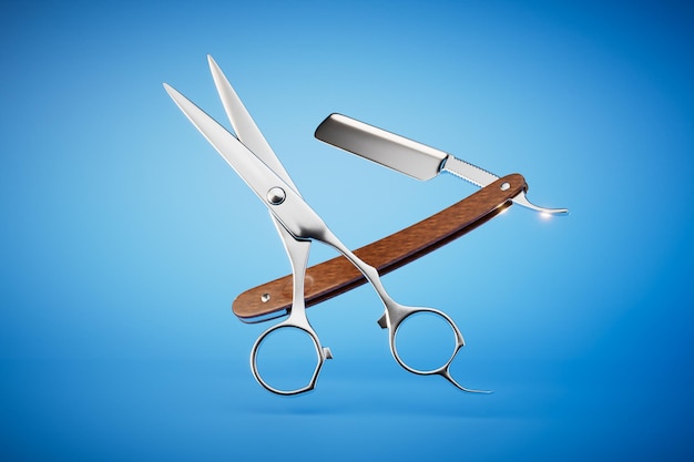 The concept of going to the barbershop razor and scissors for cutting on a blue background 3D render