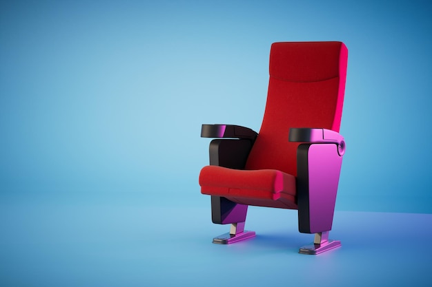 The concept of going to the cinema the chair in the cinema is red on a blue background 3D render