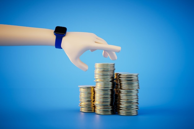 The concept of a good salary stacks of dollar coins and a hand reaching for them 3D render