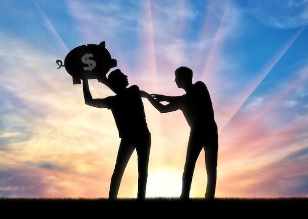 The concept of greed and selfishness. Silhouette of a man trying to take from another man a piggy bank with money