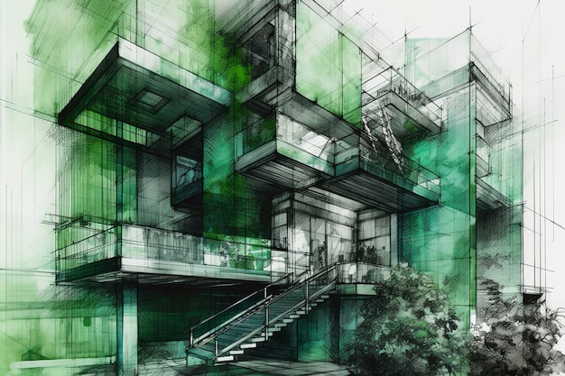 The concept of green architecture industrial materials Barbizon school balanced composition modern