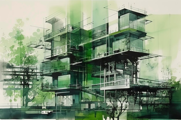 The concept of green architecture industrial materials Barbizon school balanced composition modern