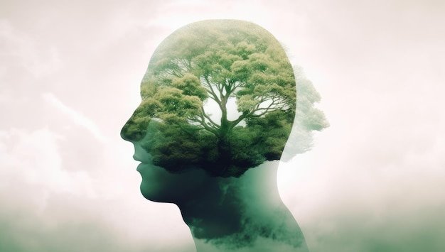 Concept of green business devotion environment caring business sustainability and global warming protection shown by businessman and green forest trees double exposure image