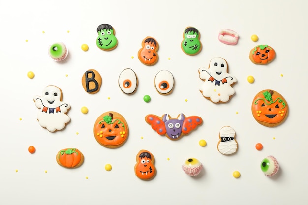 Concept of Halloween sweets funny sweets top view