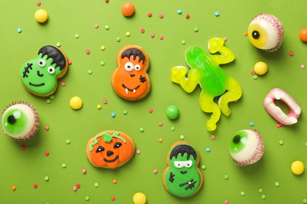 Concept of Halloween sweets funny sweets top view