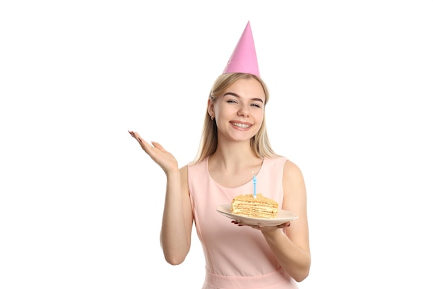 Concept of Happy Birthday young woman isolated on white background