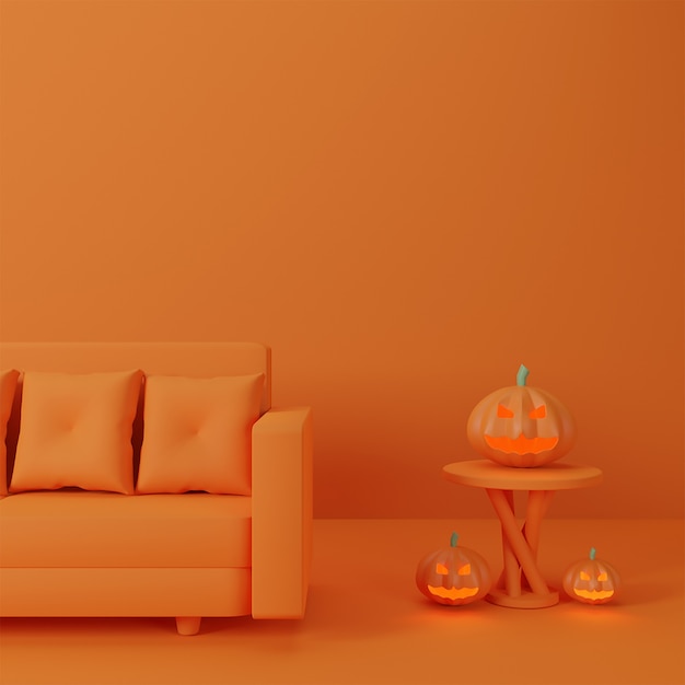 Photo concept happy halloween in apartment social distancing and sofa with pumpkin ghost on chair, orange background.