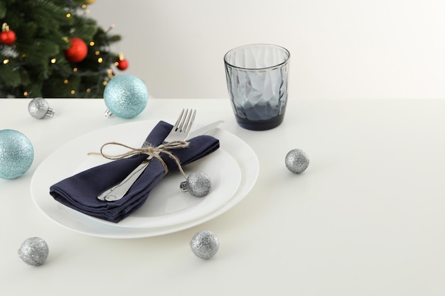 Concept of Happy New Year Christmas table setting space for text