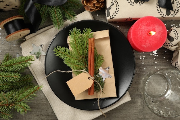 Concept of Happy New Year Christmas table setting top view