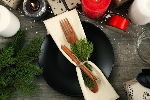 Concept of Happy New Year Christmas table setting top view