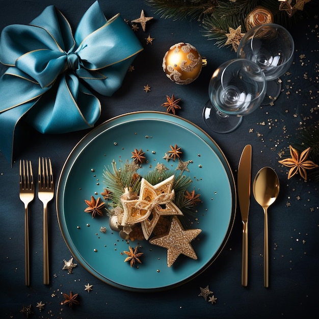 concept of happy new year christmas table setting top view