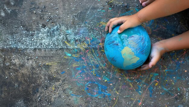 The concept of harmony green peace and the environment is depicted in this closeup image of hands holding the earth drawn with chalk