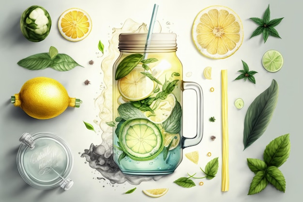 Concept for health care exercise and a nutritious diet Lemonade cocktail detox beverage and fresh cold lemon cucumber and mint infused water in a glass jar Background with a top view and lig