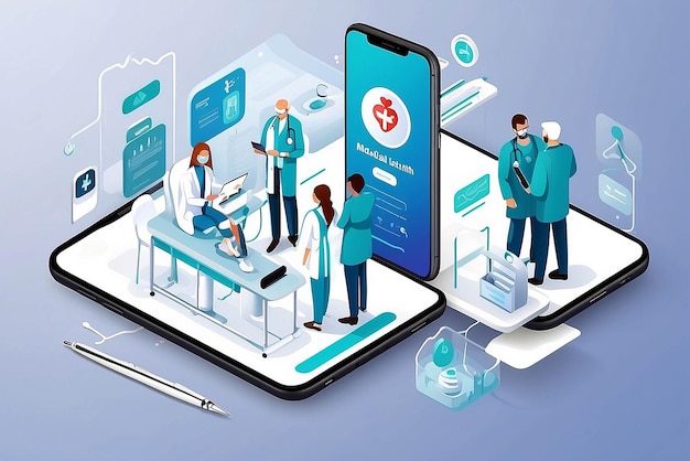 Concept of healthcare app on a smartphone Vector of professional medical team connected online to a patient giving a medical consultation