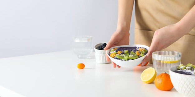 Concept of healthy food with acai smoothie space for text