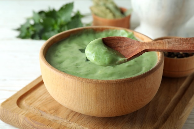 Concept of healthy food with nettle soup, close up