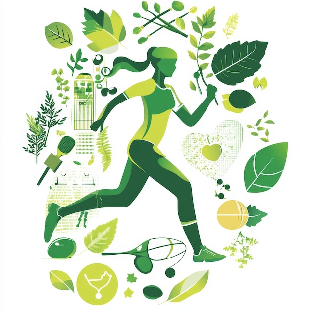 Concept of healthy lifestyle Vector illustration of a woman in sportswear running and doing fitness