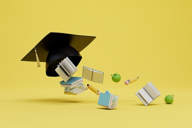 The concept of higher education a cap pencils books and apples scatter across the yellow background