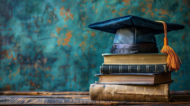 Photo the concept of higher education master hat and stack of books