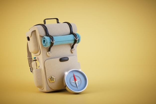 The concept of a hike along a certain route hiking backpack with carimat and compass 3D render