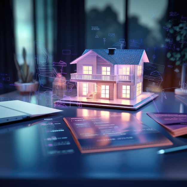 a concept holo 3d render model of a small living house on a table in a real estate agency