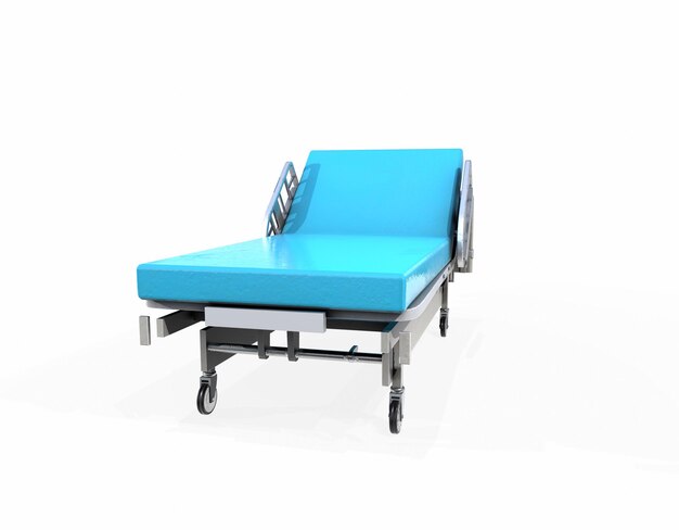 Concept hospital bed with electronic control from the console with dropper and table 3d render on white background with shadow