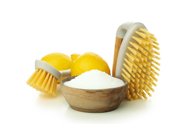 Concept of household cleaners with lemon acid isolated on white background