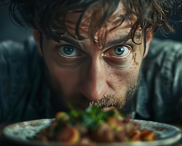 Photo the concept of hunger by portraying a powerful image of a person staring longingly at a delicious meal with a tagline that evokes desire and appetite