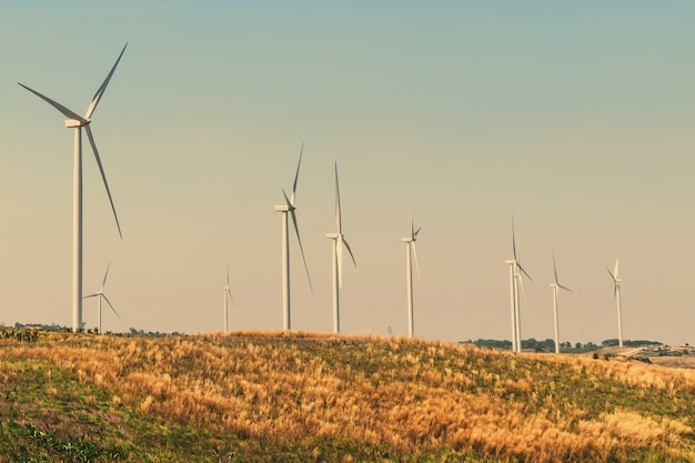 concept idea eco power energy. wind turbine on hill with sunset