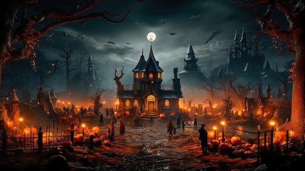 Concept illustration of an abandoned scary house with pumpkins a full moon bats and fog Pumpkins In The Cemetery On A Creepy Night on a Halloween background Generative AI