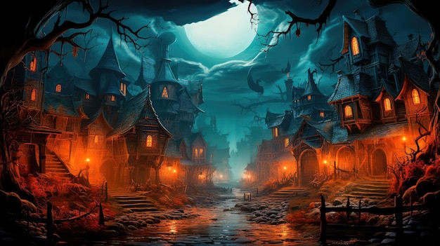 Concept illustration of an abandoned scary house with pumpkins a full moon bats and fog Pumpkins In The Cemetery On A Creepy Night on a Halloween background Generative AI