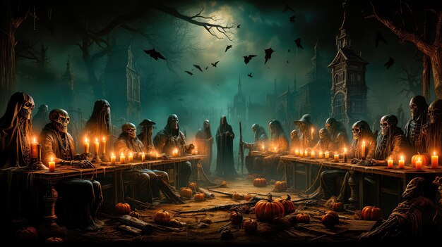 Concept illustration of an abandoned scary house with pumpkins a full moon bats and fog Pumpkins In The Cemetery On A Creepy Night on a Halloween background Generative AI