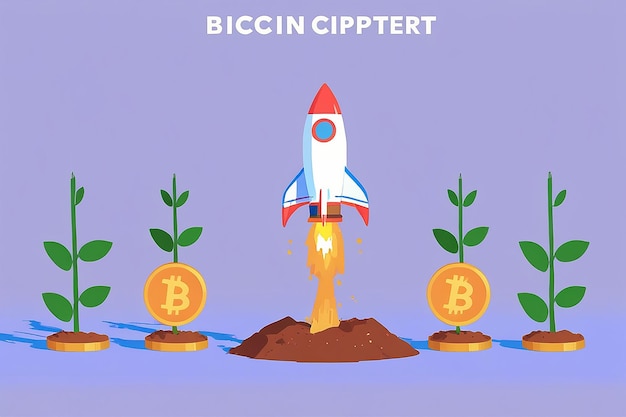 Concept Illustration of Bitcoin Growth with Rocket and Coins Cryptocurrency Pump