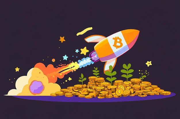 Concept Illustration of Bitcoin Growth with Rocket and Coins Cryptocurrency Pump